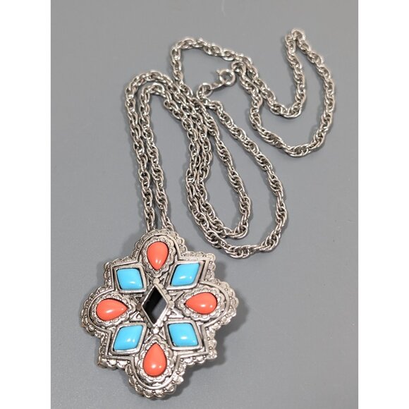 Vintage Avon American Spirit Necklace Faux Turquoise Orange Concho Brooch 30" - Picture 3 of 10